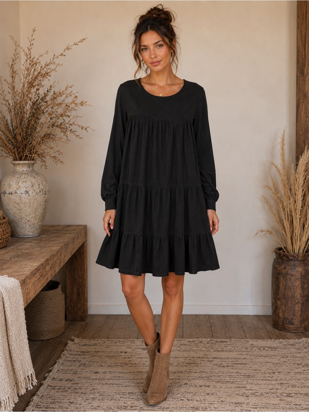NWT Rhea Turin Long Sleeve Tiered Black Dress Size L/XL 100% Viscose A31